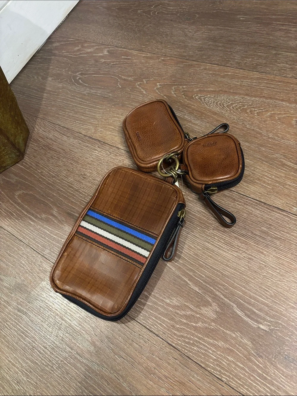 Fossil Brown Leather triple pouch set Organizer with Striped Accent